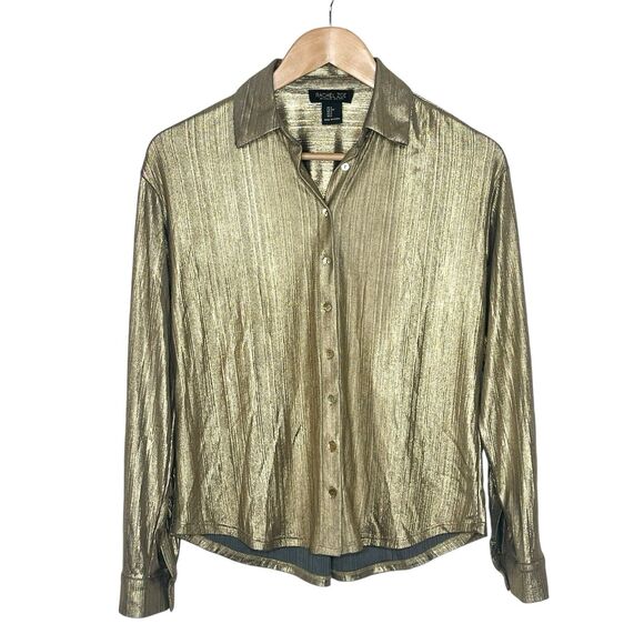 Rachel Zoe Gold Metallic Button Up Long Sleeve Shirt Womens S Disco Y2K - Picture 1 of 9